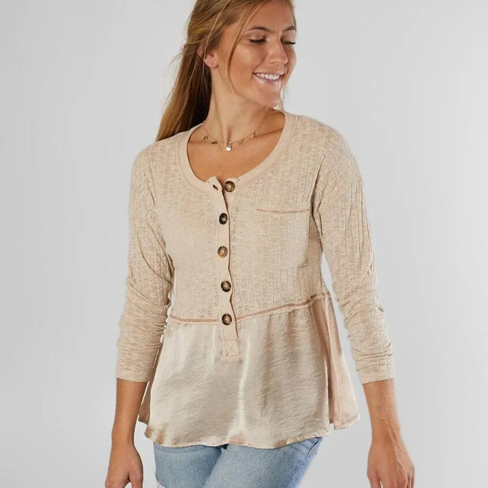 Coco + Jaimeson Pieced Satin Henley Top‎ NWT
